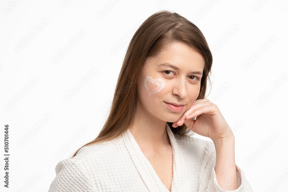 Portrait of beautiful woman. Female skin care. Healthy long natural hair and beauty skin. Moisturizer cream and eye patches. Portrait of beautiful woman. Female skin care. Healthy long natural hair and beauty skin. Moisturizer cream and eye patches.