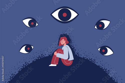 Eyes around a worried sitting teenager, a symbol of adolescent mental disorder.