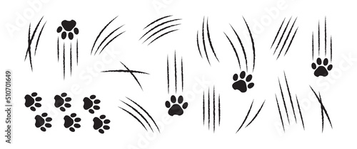 Cat claw scratch, slash vector icon, black paw mark set isolated on white background. Animal simple illustration