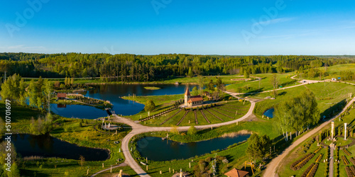 Christ the King Hill Sculpture Park, Aglona, Latvia. A beautiful nature park made of wooden sculptures in honor of God. © Aerial Film Studio
