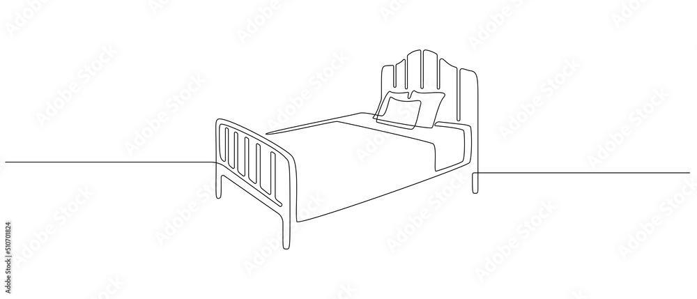 Continuous one line drawing of double bed. Scandinavian stylish furniture for cozy loft bedroom in simple linear style. Editable stroke. Doodle vector illustration