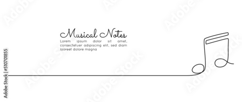 One continuous line drawing of musical note. Minimalist banner and logo of music school in simple linear style. Editable stroke. Doodle vector illustration 