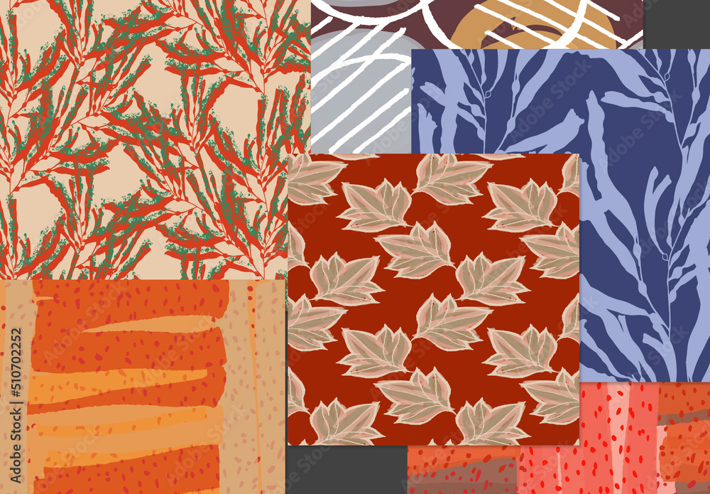 Seamless Pattern Set with Hand Drawn Floral Elements Stock Template ...