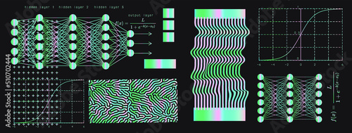 Set of mathematical and neural network related schemes and graphs on a dark background.