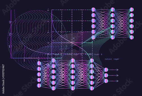 Set of mathematical and neural network related schemes and graphs on a dark background.