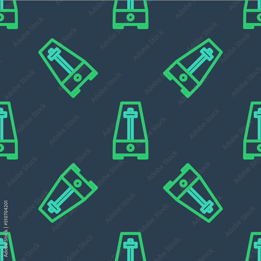 Line Classic Metronome with pendulum in motion icon isolated seamless pattern on blue background. Equipment of music and beat mechanism. Vector Line Classic Metronome with pendulum in motion icon isolated seamless pattern on blue background. Equipment of music and beat mechanism. Vector
