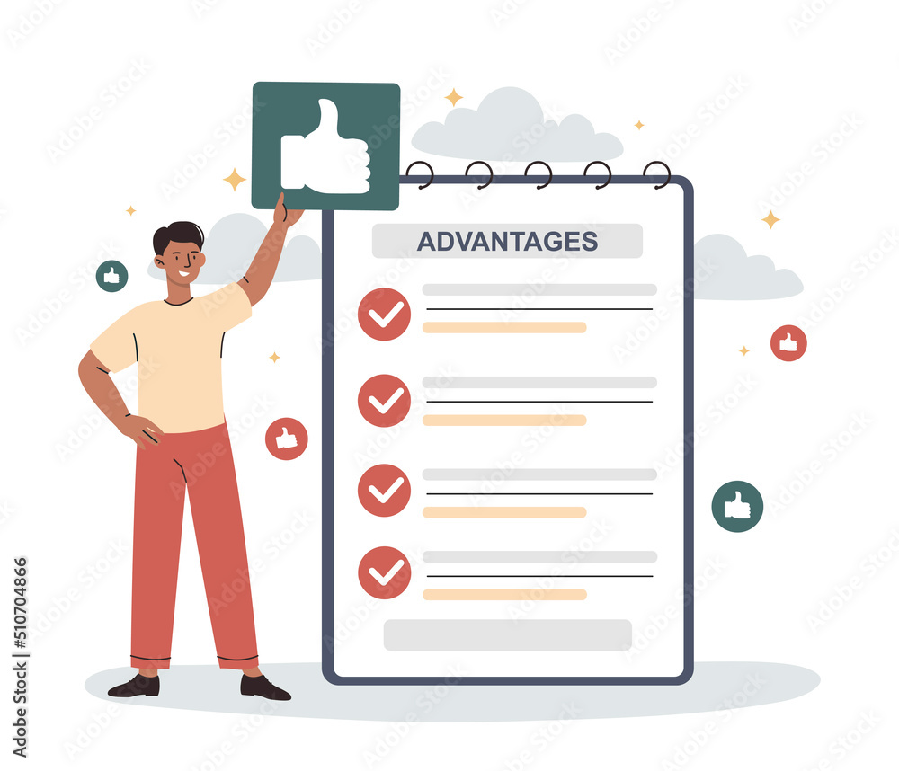 Man with his advantages. Young guy celebrating completed tasks, motivation and leadership. Time management and efficient employee or entrepreneur wis tasks, done. Cartoon flat vector illustration - obrazy, fototapety, plakaty 