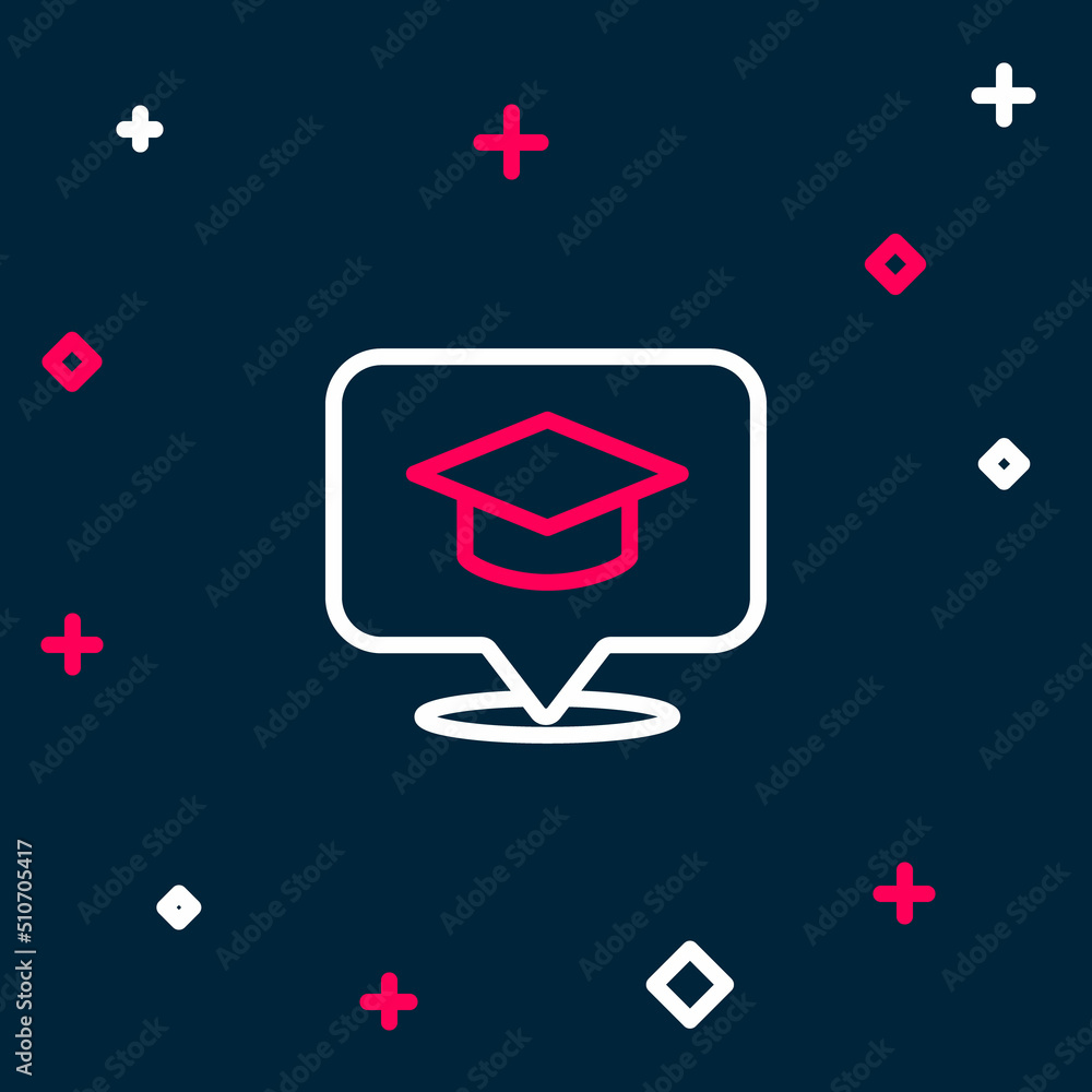 Line Graduation cap in speech bubble icon isolated on blue background. Graduation hat with tassel icon. Colorful outline concept. Vector Line Graduation cap in speech bubble icon isolated on blue background. Graduation hat with tassel icon. Colorful outline concept. Vector