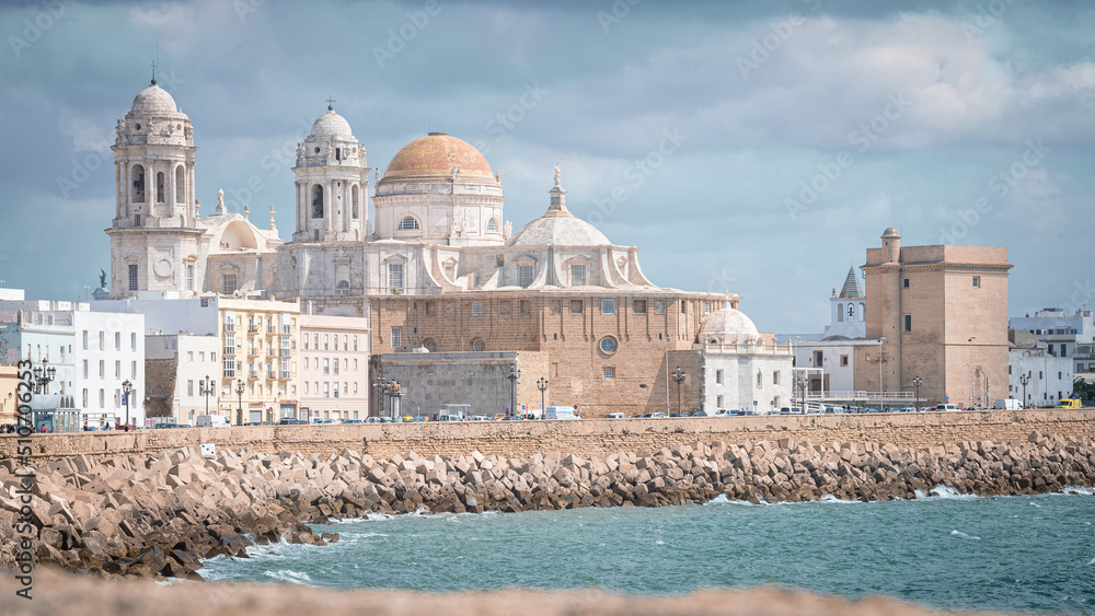 city of cadiz, Andalucia, with views from the port towards the cathedral..