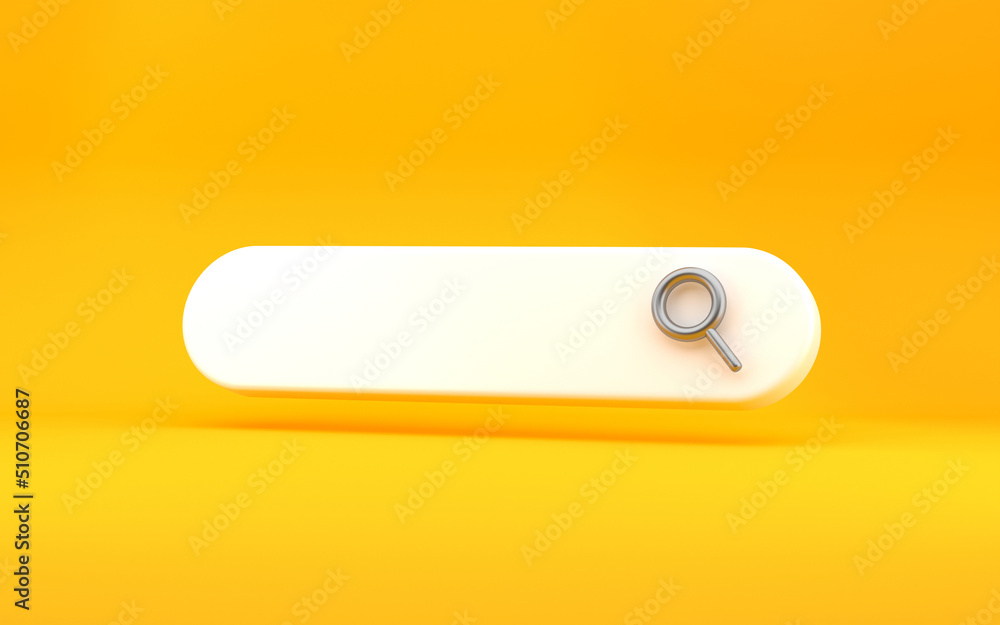 Search bar concept, web surfing, information extraction. Magnifying glass icon in bright yellow background. 3d rendering - obrazy, fototapety, plakaty 