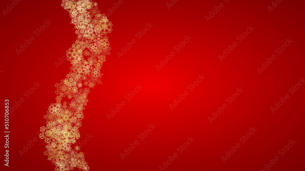 Christmas snowflakes on red background. Horizontal glitter frame for winter banner, gift coupon, voucher, ads, party event. Santa Claus color with golden Christmas snowflakes. Falling snow for holiday