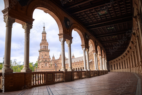 Plaza de Espa  a  in Seville during the day with the golden light hour..