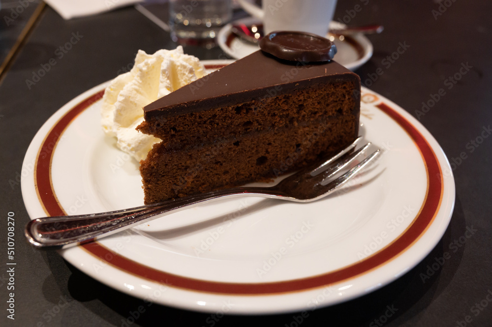 Piece of famous Sachertorte chocolate cake with apricot jam of Austrian origin served with whipped cream Piece of famous Sachertorte chocolate cake with apricot jam of Austrian origin served with whipped cream