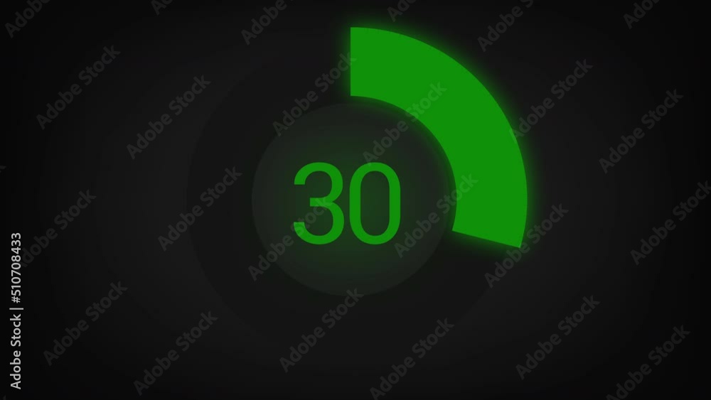 Numerical counting from 0 to 30. Circular progress bar with bright neon green light Numerical counting from 0 to 30. Circular progress bar with bright neon green light