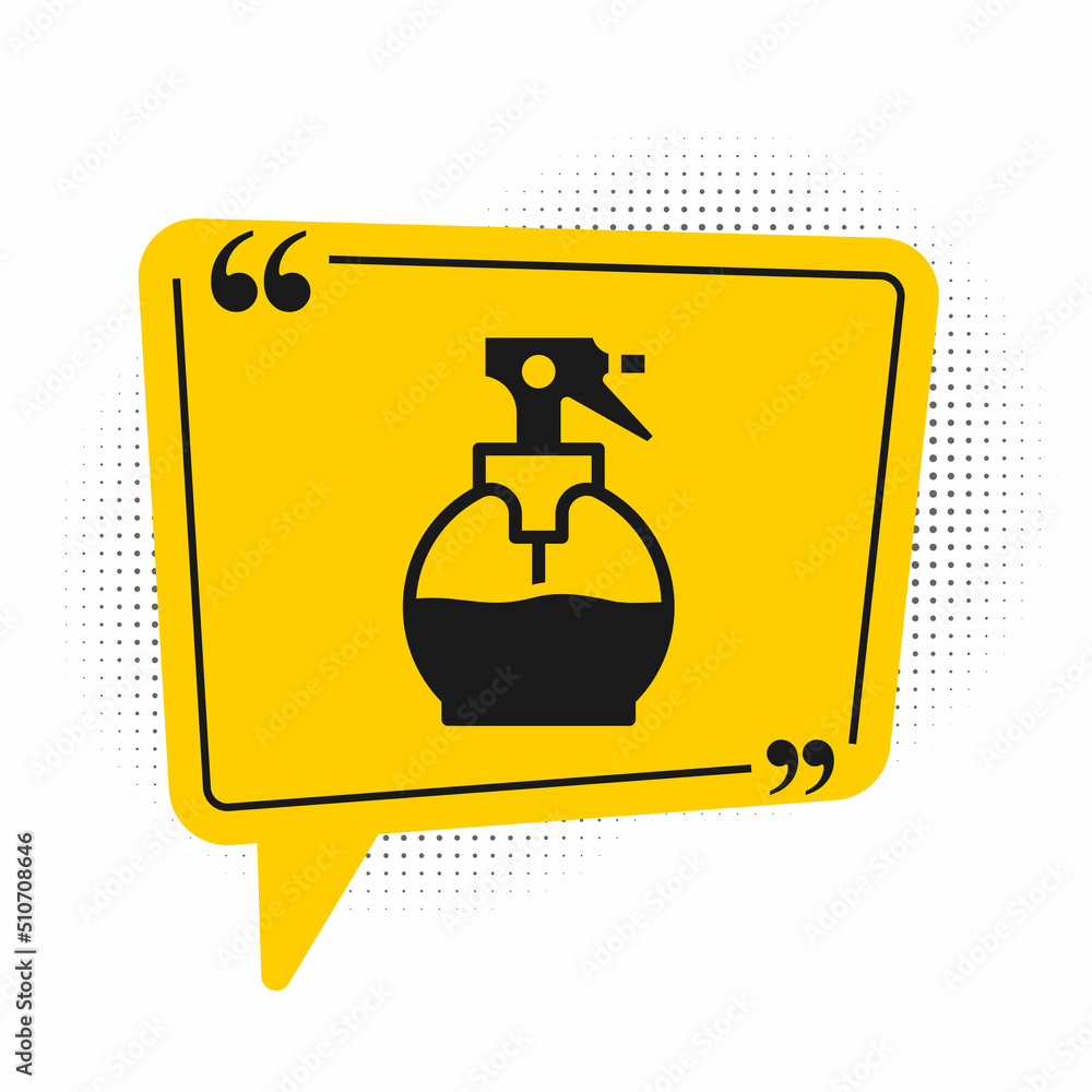 Black Hairdresser pistol spray bottle with water icon isolated on white background. Yellow speech bubble symbol. Vector