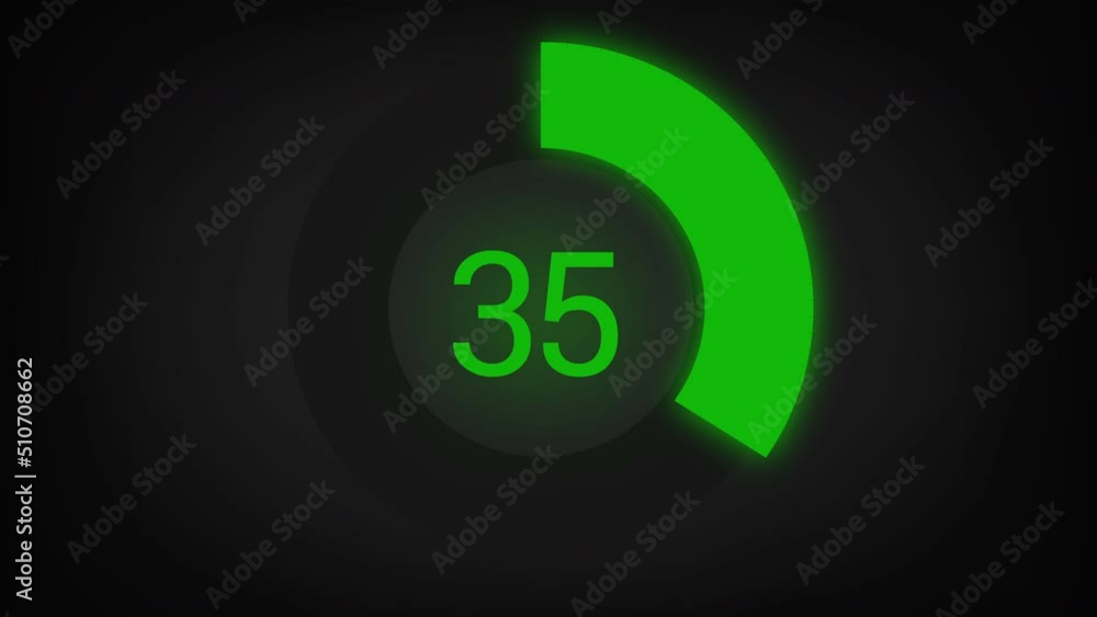 Numerical counting from 0 to 35. Circular progress bar with bright neon green light Numerical counting from 0 to 35. Circular progress bar with bright neon green light