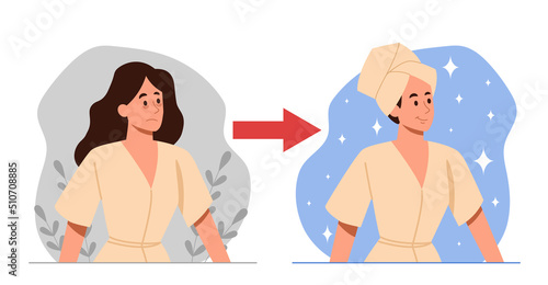 Skin care concept. Girl in bathroom carries out cosmetic procedures. Woman in towel removes wrinkles and bags under her eyes. Healthcare, beauty and hygiene. Cartoon flat vector illustration