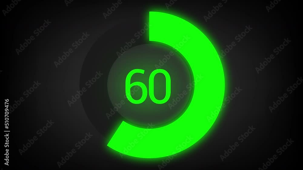 Numerical counting from 0 to 60. Circular progress bar with bright neon green light Numerical counting from 0 to 60. Circular progress bar with bright neon green light