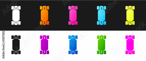 Set Longboard or skateboard cruiser icon isolated on black and white background. Extreme sport. Sport equipment. Vector