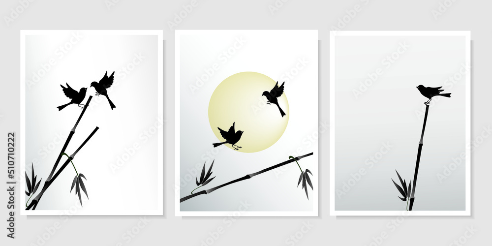 Birds, reeds and the sun isolated on light grey background. Vector silhouette wall art drawings set for wall design, wallpapers, poster, covers, other. - obrazy, fototapety, plakaty 
