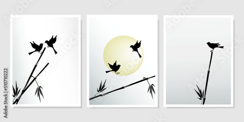 Birds, reeds and the sun isolated on light grey background. Vector silhouette wall art drawings set for wall design, wallpapers, poster, covers, other.