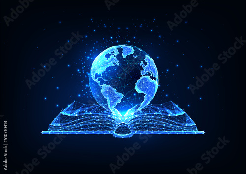 Concept of global worldwide education with open book and planet Earth globe on dark blue 