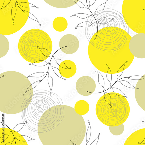 Seamless pattern with linear branches from black outlines, spirals and circles on a white background. Abstract print with contour twig with leaves. Vector graphic design for fabric, paper wrapping
