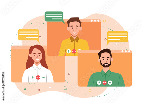 Communication via Internet. Video conference or call, men and girls communicate in social networks. Friends and colleagues, remote employees in meeting, brainstorming. Cartoon flat vector illustration