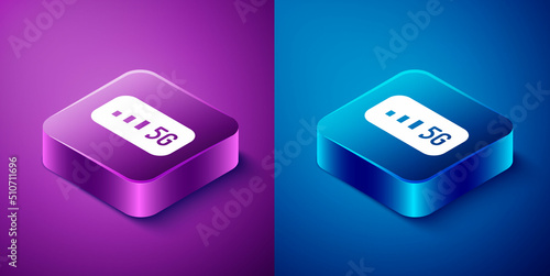 Isometric 5G new wireless internet wifi connection icon isolated on blue and purple background. Global network high speed connection data rate technology. Square button. Vector