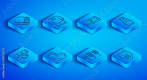 Set line Russian bagels, Kosovorotka, ruble banknote, Valenki, Wheat, doll matryoshka, Cannon and Bear head icon. Vector