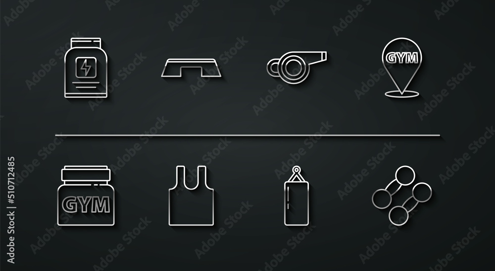 Set line Sports nutrition, Location gym, Punching bag, Sleeveless T-shirt, Step platform, Dumbbell and Whistle icon. Vector Set line Sports nutrition, Location gym, Punching bag, Sleeveless T-shirt, Step platform, Dumbbell and Whistle icon. Vector