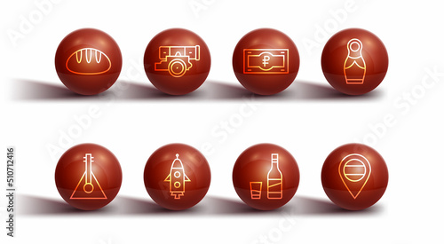 Set line Bread loaf, Balalaika, Russian doll matryoshka, Bottle of vodka with glass, Rocket ship, Cannon, Location and ruble banknote icon. Vector