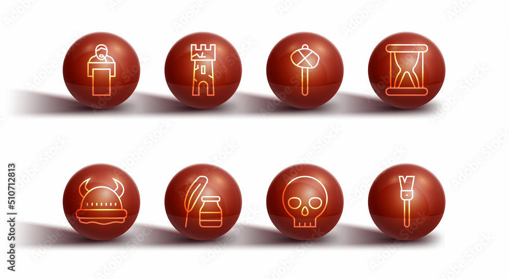 Set line Gives lecture, Viking in horned helmet, Old hourglass with sand, Human skull, Feather inkwell, Castle tower, Paint brush and Stone age hammer icon. Vector Set line Gives lecture, Viking in horned helmet, Old hourglass with sand, Human skull, Feather inkwell, Castle tower, Paint brush and Stone age hammer icon. Vector