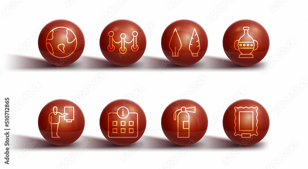 Set line Earth globe, Museum guide, Ancient amphorae, Fire extinguisher, Information, Rope barrier, Picture and Stone age arrow head icon. Vector Set line Earth globe, Museum guide, Ancient amphorae, Fire extinguisher, Information, Rope barrier, Picture and Stone age arrow head icon. Vector