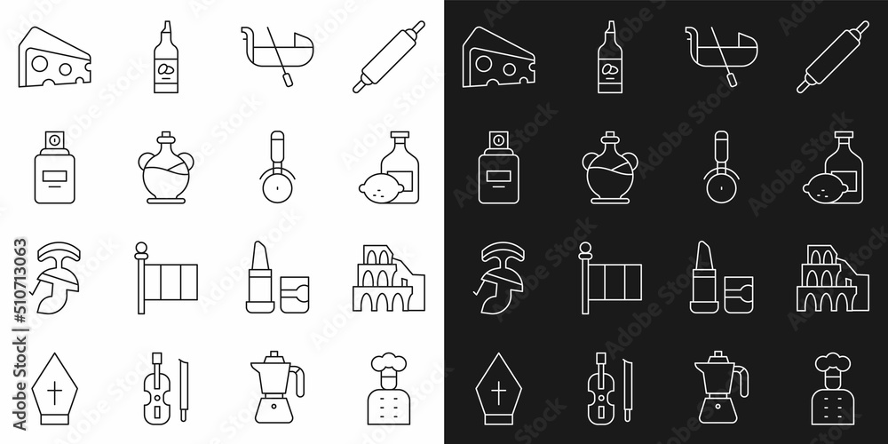 Set line Italian cook, Coliseum in Rome, Limoncello bottle, Gondola, Bottle of olive oil, Perfume, Cheese and Pizza knife icon. Vector