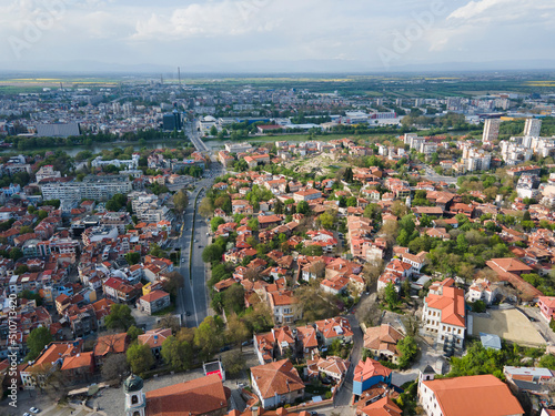 Aerial sunset view of City of Plovdiv, Bulgaria