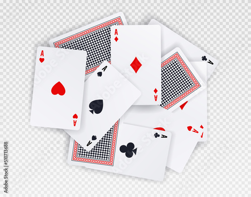 Playing card chaos. Turned aces and mess on playing table. Graphic elements for attracting number of poker or blackjack players. Online gambling and fortune. Realistic isometric vector illustration