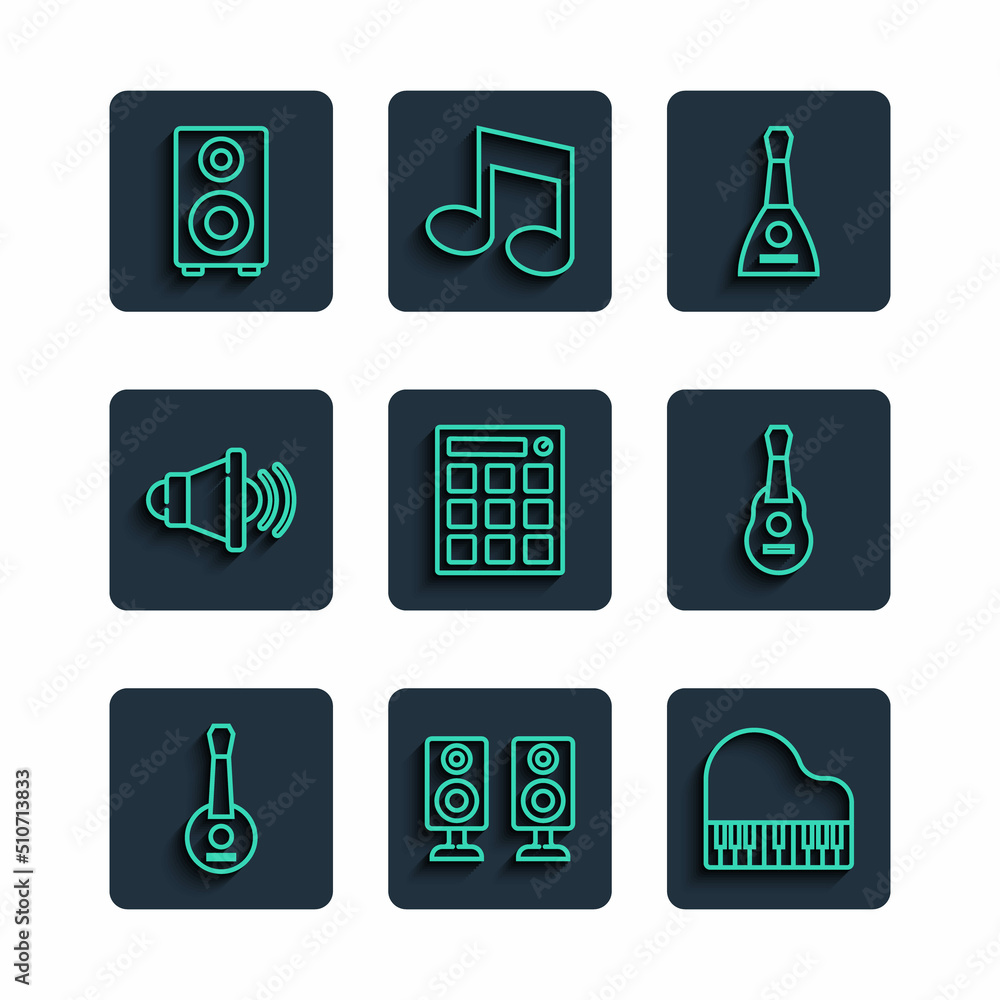 Set line Banjo, Stereo speaker, Grand piano, Balalaika, Drum machine, Speaker volume, and Guitar icon. Vector Set line Banjo, Stereo speaker, Grand piano, Balalaika, Drum machine, Speaker volume, and Guitar icon. Vector