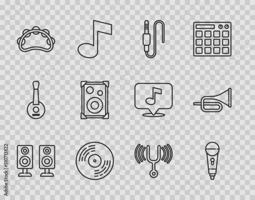 Set line Stereo speaker, Microphone, Audio jack, Vinyl disk, Tambourine, Musical tuning fork and Trumpet icon. Vector
