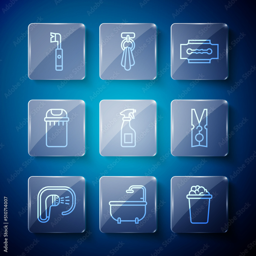 Set line Shower, Bathtub, Bucket with soap suds, Blade razor, Cleaning spray bottle, Trash can, Electric toothbrush and Clothes pin icon. Vector Set line Shower, Bathtub, Bucket with soap suds, Blade razor, Cleaning spray bottle, Trash can, Electric toothbrush and Clothes pin icon. Vector