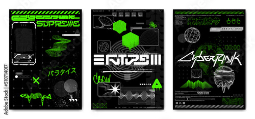 Retro futuristic posters in cyberpunk style with acid, grunge and abstract geometric shapes. Black and white cards with vaporwave elements from 80s-90s. Glitch template for merch, t-shirt. Vector set