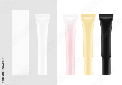 Blank plastic tube mockup with samples and box. Vector illustration isolated on white background. Front view. Can be use for your design, advertising, promo and etc. EPS10.	