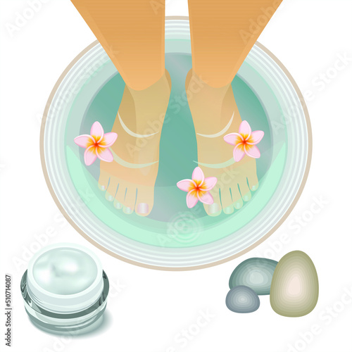 Beautiful female legs in basin on white background. Foot bath that warms. Hygienic cream. Glass jar with foot cream. Vector illustration EPS 10