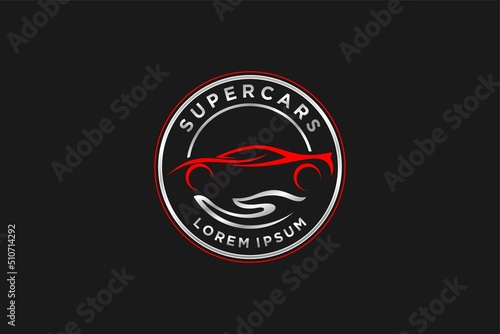 Car insurance logo with car silhouette and symbol hand in circle emblem