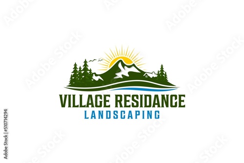 Village hills logo mountain sunrise pine tree river valley design nature green