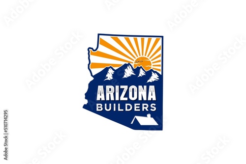 Arizona outline map logo design mountain sunset real estate house roof