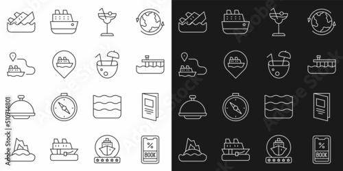 Set line Cruise ticket, Brochure, Beach pier dock, Cocktail, Location with cruise ship, Ship line path, Sinking and Coconut cocktail icon. Vector