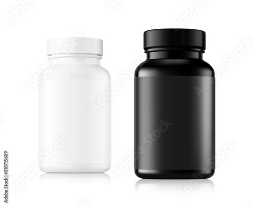 Black and white plastic bottles mockup with on white background. Can be used for medical, cosmetic, food. Vector illustration. EPS10.	
