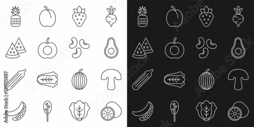 Set line Kiwi fruit  Mushroom  Avocado  Strawberry  Peach  Watermelon  Pineapple and Beans icon. Vector