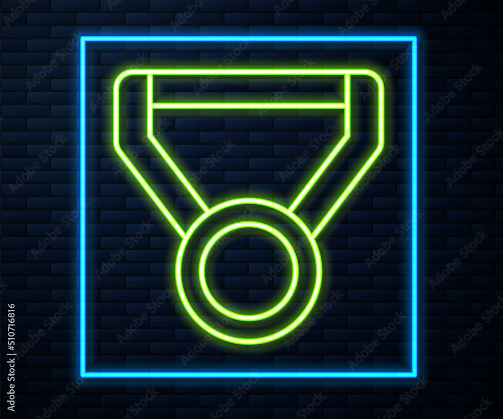 Glowing neon line Medal icon isolated on brick wall background. Winner symbol. Vector Glowing neon line Medal icon isolated on brick wall background. Winner symbol. Vector